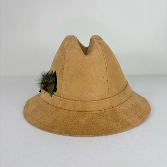 Vintage Stetson Fedora Adult 6 7/8 Beige Genuine Suede With Feathers Hipster - Picture 3 of 10